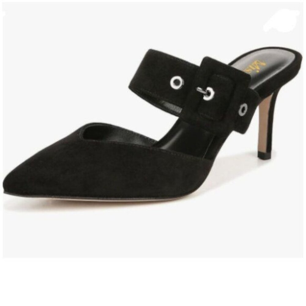 MISS LEFT Black Closed Pointy Toe Slip On Mules Wide Band Stiletto Heel Shoes